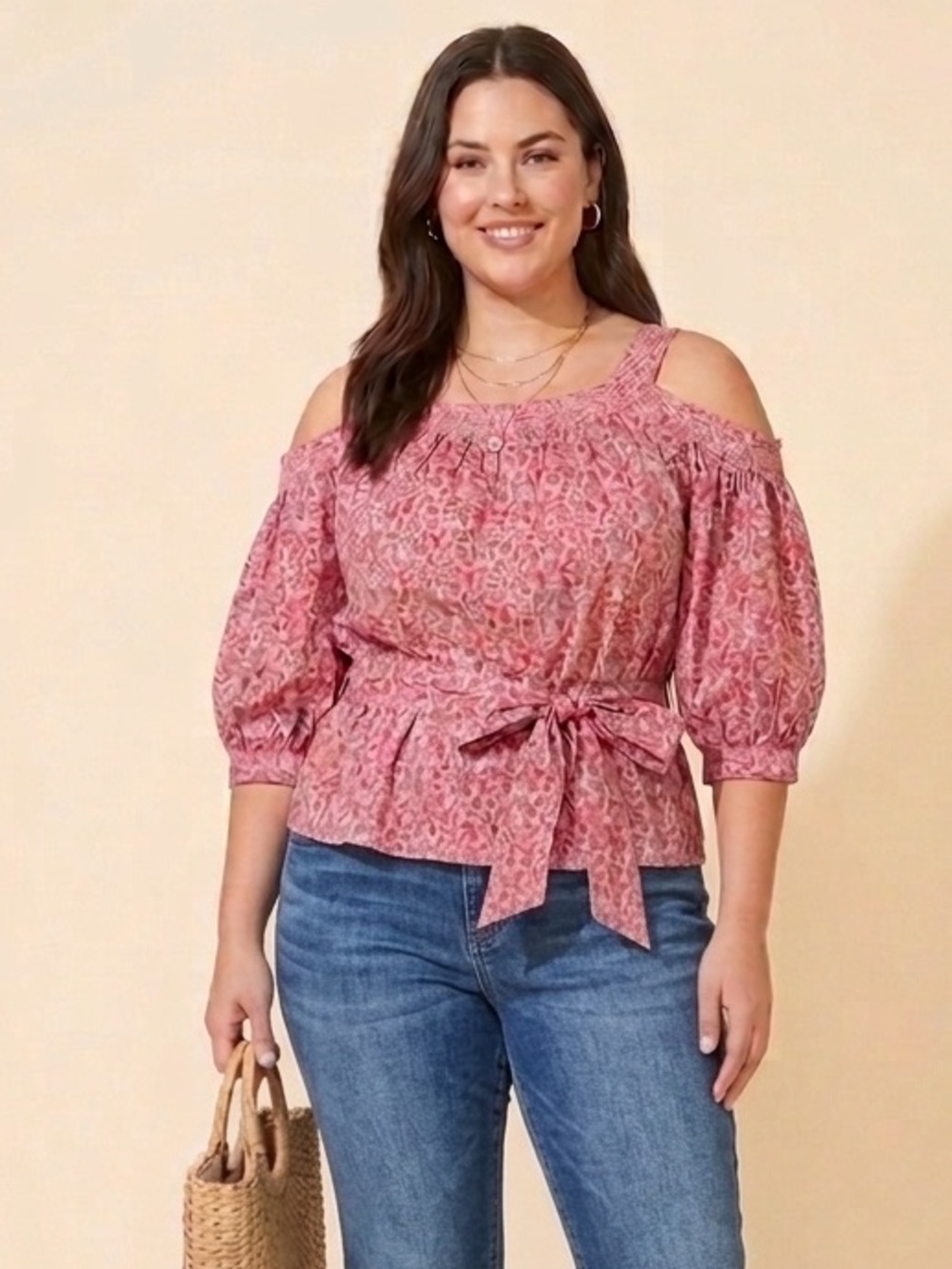 Rebecca Taylor La Vie Pink Cotton Floral Cold Shoulder Top Size Large